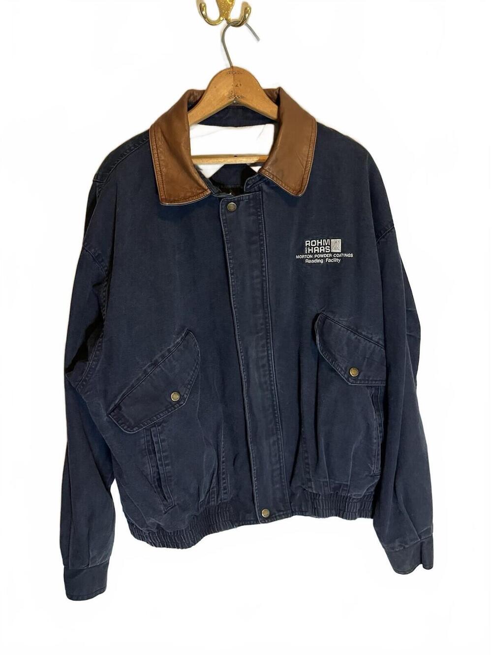 Vintage Dunbrooke 100% Cotton Denim Jacket Brown Leather Collar Sz XL Y2K logo